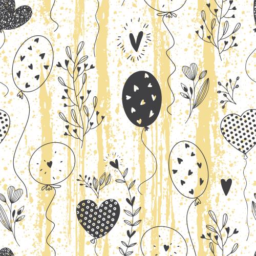 Heart. Vector Pattern air balloons with hearts, flowers on white with colorful textured stripes