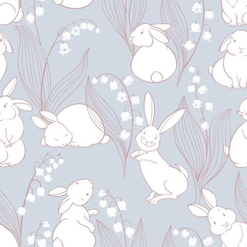 Illustration bunnies and lilies on gray