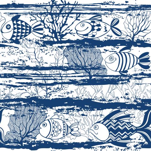 Seaweed. Vector cartoon fish textured waves corals and algae on white