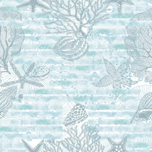 Vector image geometric with squares of watercolor stripes sea stars shells corals and underwater creatures on white