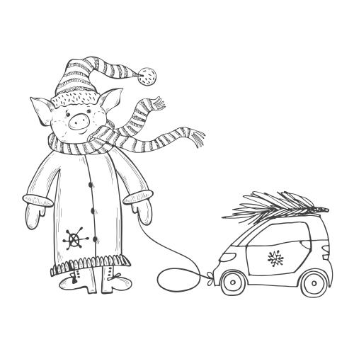 Car. Vector cartoon pig in ded moroz costume with a toy car sketch on white