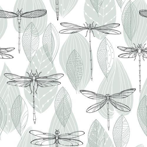 Dragonfly. Vector dragonflies, decorative leaves on white