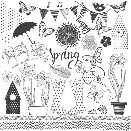 Grass. Vector spring theme elements collection, happy spring inscription on white