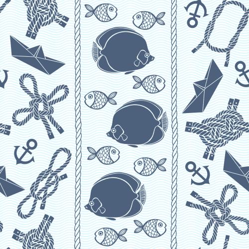 Rope. Vector blue silhouettes of tropical fish naval knots anchors paper ships on blue waves