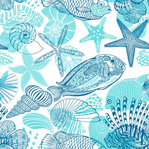 Shell. Vector Pattern blue and turquoise fish, shells, starfish on white