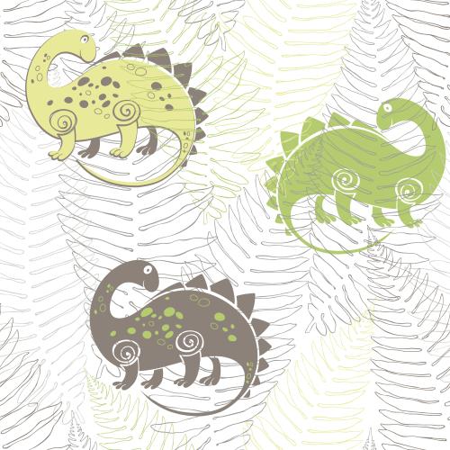 Fern. Vector multicolored dinosaurs, fern leaves on white