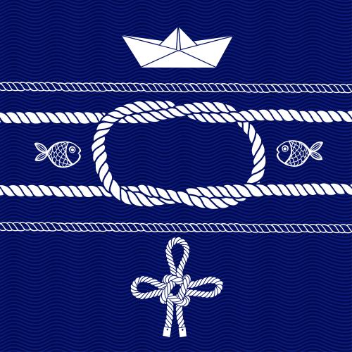 Paper boat. Vector sea knots and ropes fish paper ship waves on blue