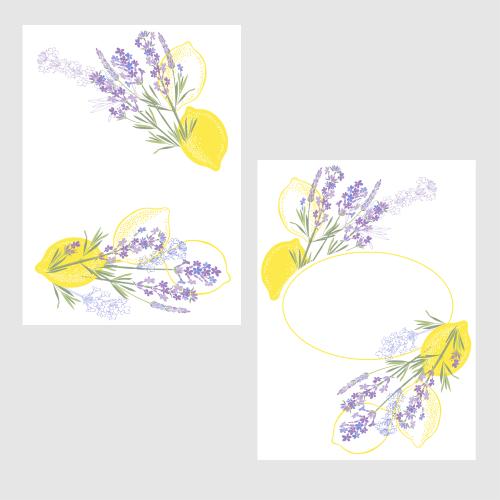 Lemon. Vector postcards, lemons and lavender on white