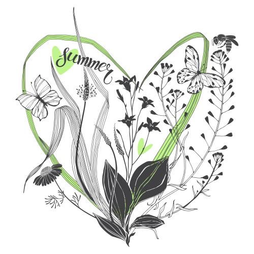 Vector image plantain shepherd's purse chamomile bellflower herbs bee and butterflies colored elements summer inscription composition in the shape of a heart on white