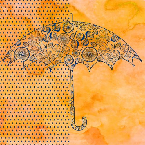Drop. Vector ornamental umbrella, raindrops on watercolor orange