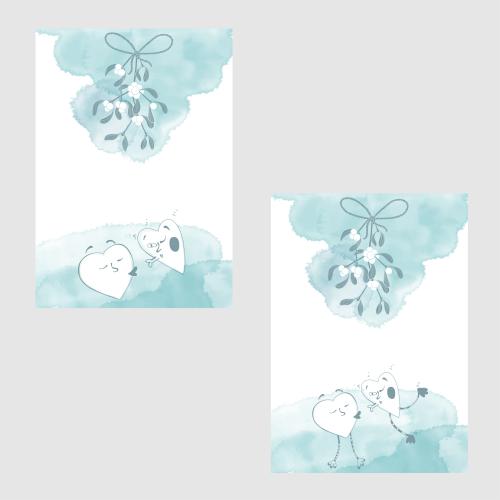Card. Vector two postcards with cartoon-style hearts mistletoe and watercolor fragments