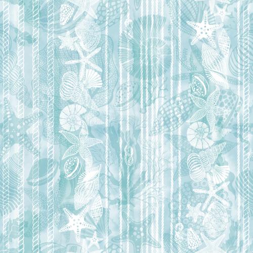 Vector image sea stars shells nautilus fish seaweed corals ropes ropes with sea knots on a blue watercolor