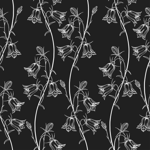 Illustration bells white outlines of flowers on black