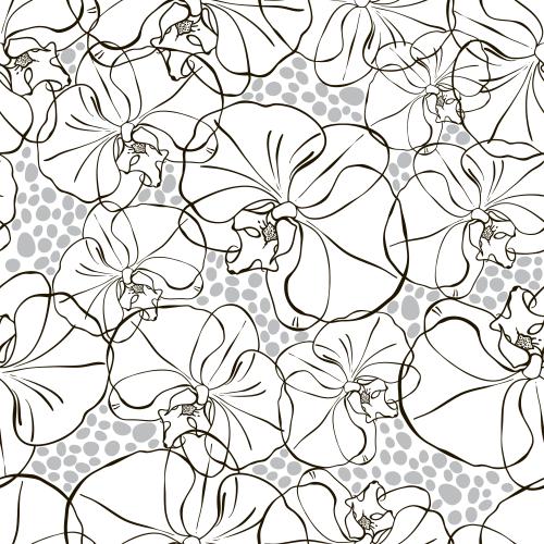 Orchid. Vector Pattern orchids black outlines gray decorative elements on white