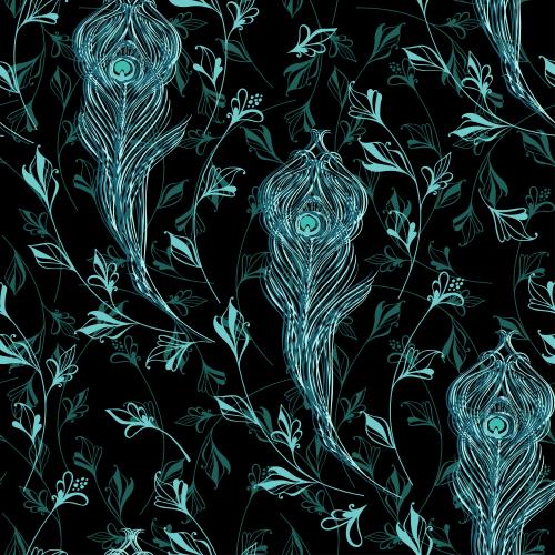 Illustration fantasy plants, peacock feathers on black