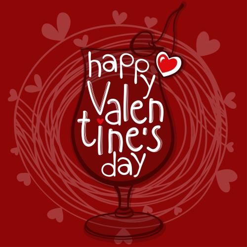 Valentine. Vector happy valentine's day inscription cocktail glass circle with hearts on red