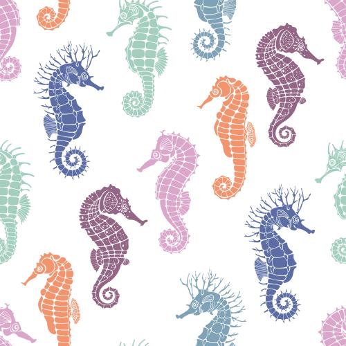 Illustration sea horses multicolored silhouettes on white