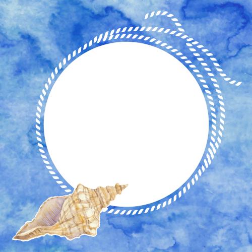 Shell. Vector round frame made of marine rope with a shell and a place for text on a blue watercolor