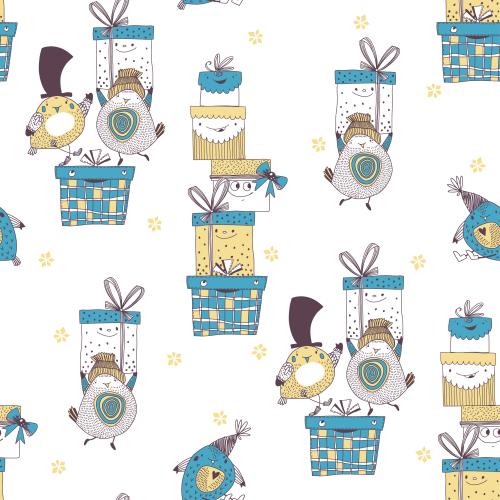 Vector image cartoonish birds with cute gift boxes on white