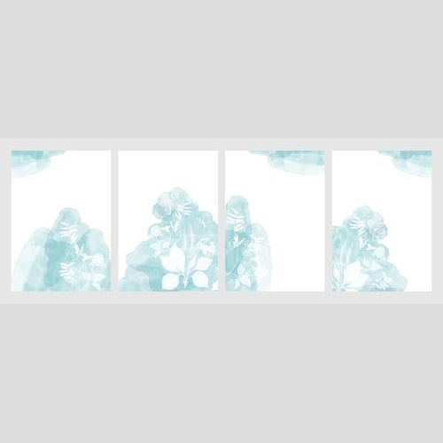 Vector image four postcards with field herbs and flowers, butterflies, blue watercolor fragments on white