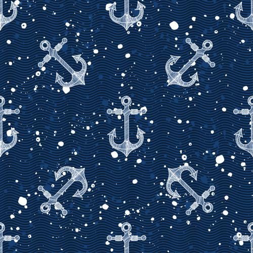 Striped. Vector anchors waves decorative spots on blue