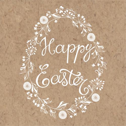 Illustration wreath made of fantasy flowers and plant elements in the shape of an egg, message happy easter on craft