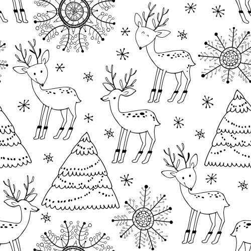 Snowflake. Vector cartoon deer, trees, snowflakes on white, scandi style