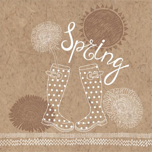 Dandelion. Vector spring composition with rubber boots, dandelions, sun and the word spring on craft