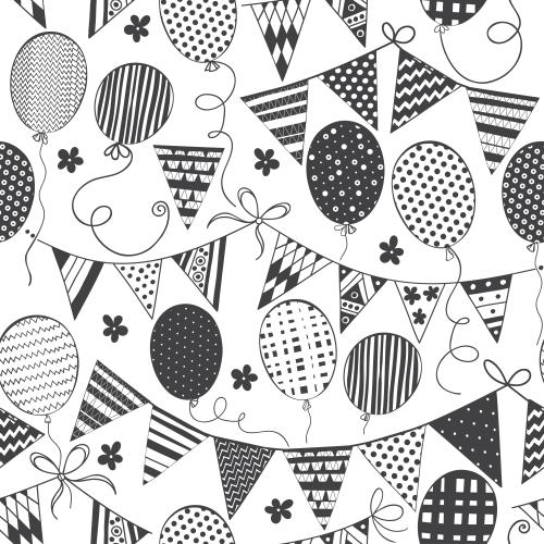 Balloon. Vector monochrome air balloons, flag garlands, flowers on white