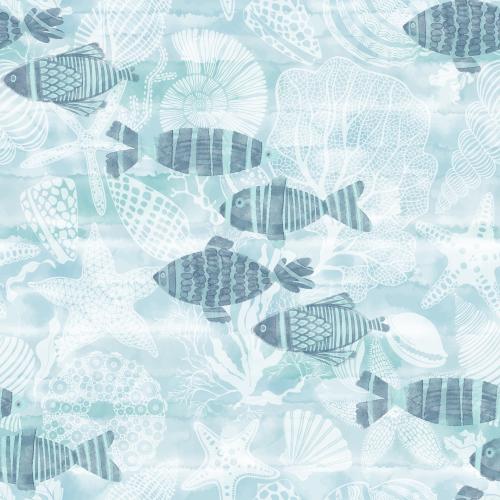 Nautilus. Vector cartoon watercolor fish graphic sea stars shells seaweed and corals on a blue watercolor