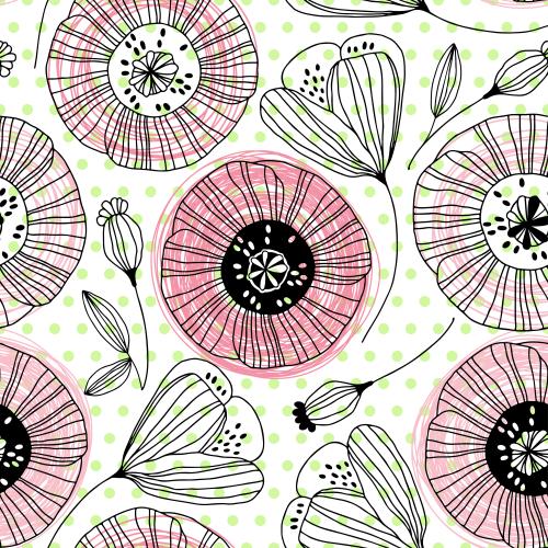 Poppy. Vector stylized poppies colorful fragments circles on white in green checkered