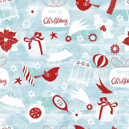 Illustration christmas trees cardinal bird toys lanterns gifts and other winter holiday symbols on a blue watercolor