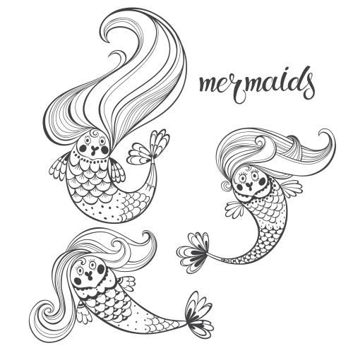Mermaid. Vector three cartoonish mermaids on white