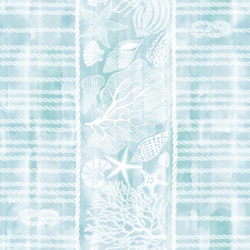 Scallop. Vector sea stars shells nautilus corals ropes nautical knots on a blue watercolor