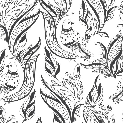 Vector image fantasy flowers and stylized birds on white