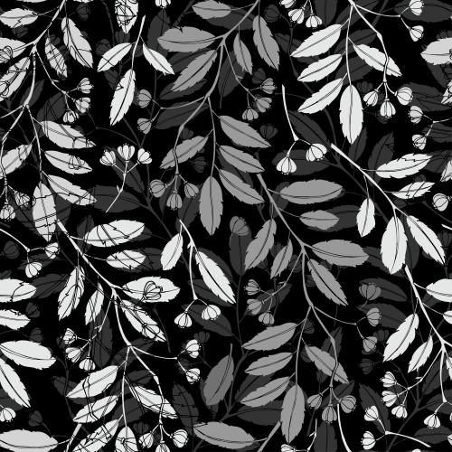 Vector image silhouettes and contours of abstract branches with leaves and flowers on black