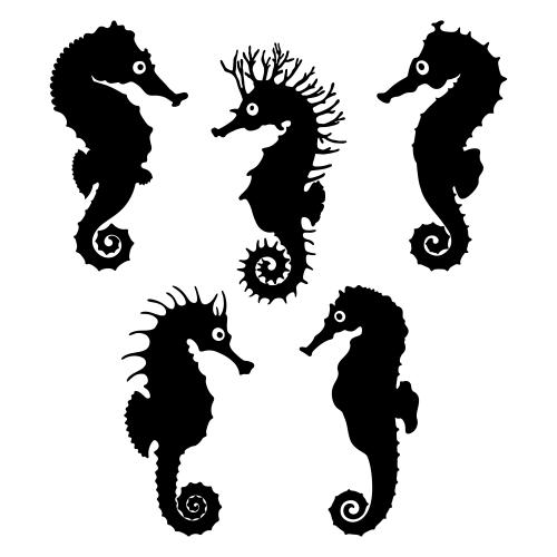 Illustration seahorses black silhouettes on white five characters