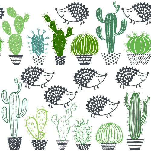 Cactus. Vector cute cartoonish hedgehogs and cacti in pots