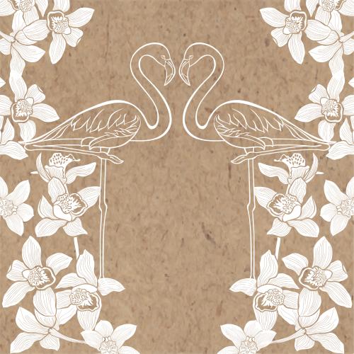 Frame. Vector white silhouettes of orchids and outline design of flamingos on craft