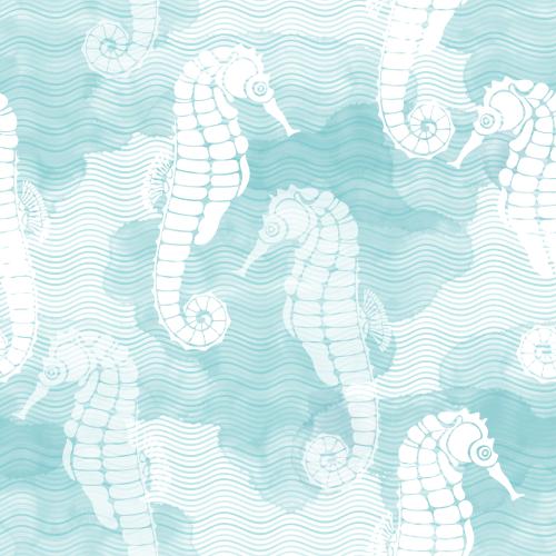 Vector image sea horses, waves on blue watercolor