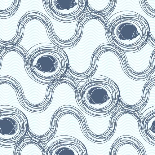 Fish. Vector Pattern silhouettes of tropical fish on blue and blue waves