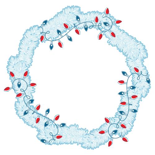 Pine. Vector round frame wreath from coniferous branches and garland on white