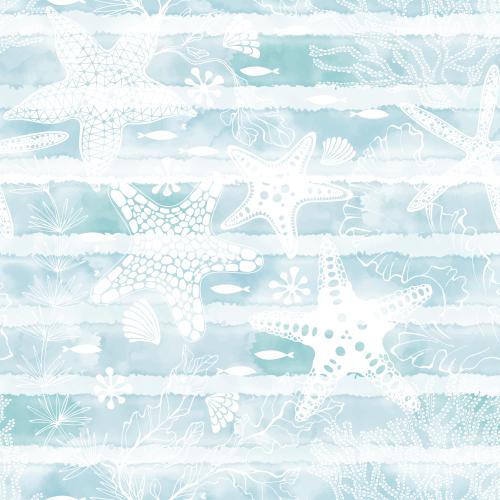 Vector image sea stars fish shells seaweed corals on striped blue watercolor