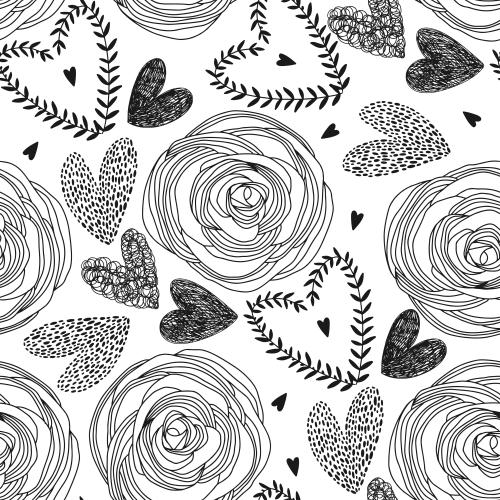 Rose. Vector hearts, roses in the style of doodle on white