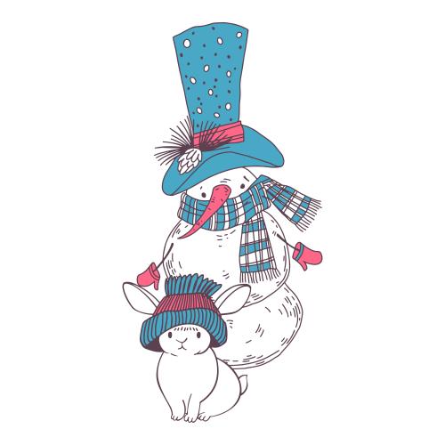 Vector image animated snowman in a top hat and cute rabbit in a cap on white