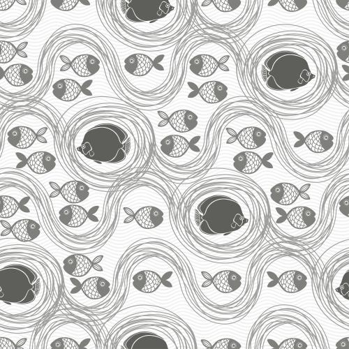 Fish. Vector stylized fish on waves, monochrome on white