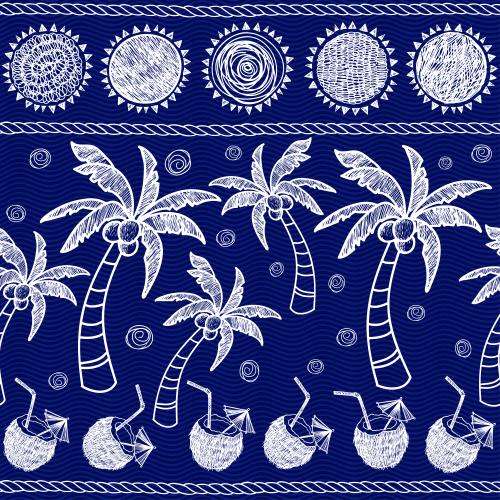 Sun. Vector sun palms coconut cocktails marine ropes on blue waves