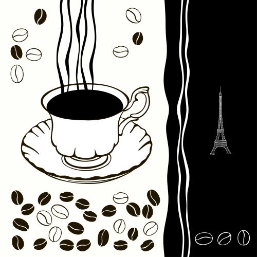 Eiffel tower. Vector cup with coffee, coffee beans and the eiffel tower