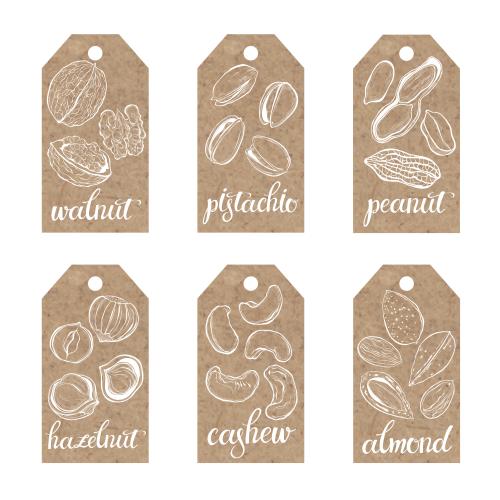Hazelnut. Vector craft tags with nuts and names