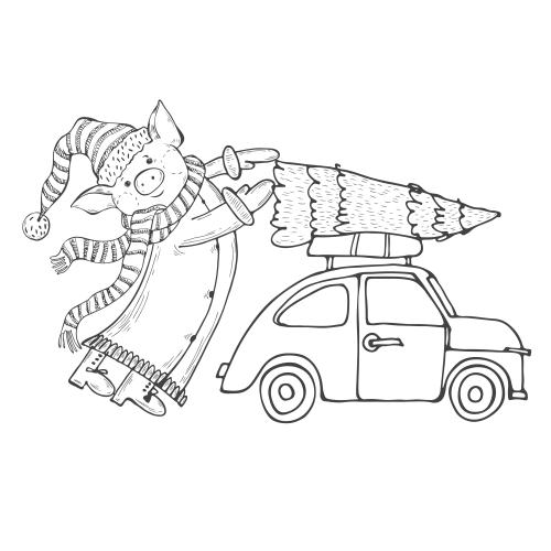 Car. Vector animated pig in santa claus costume with a car and tree sketch on white